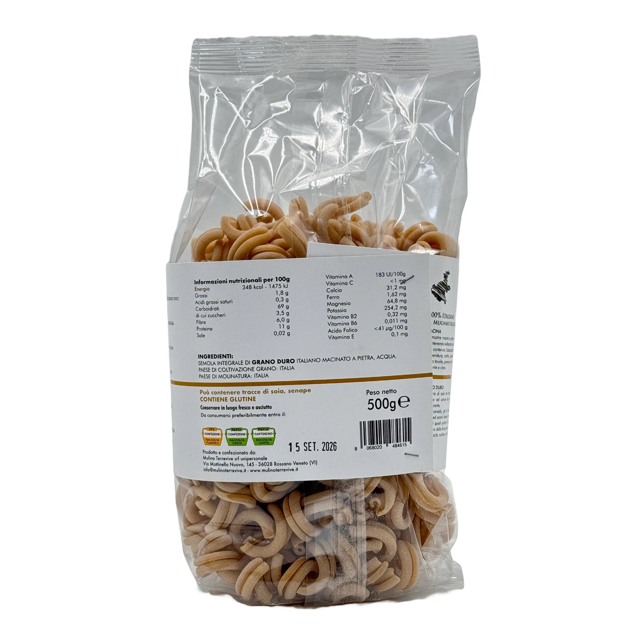 Pasta Integrale Grano Duro Linea Oro  Caserecce 500g  -  Mulino Terrevive - vaigustando