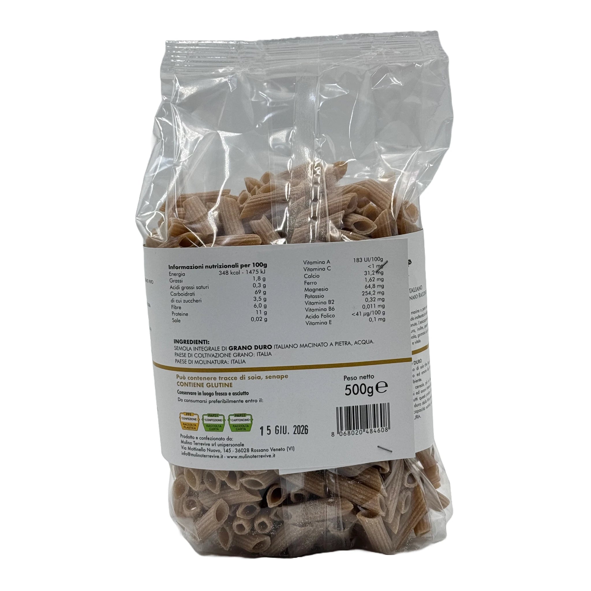 Pasta Integrale Grano Duro Linea Oro  Mezze Penne 500g  -  Mulino Terrevive - vaigustando