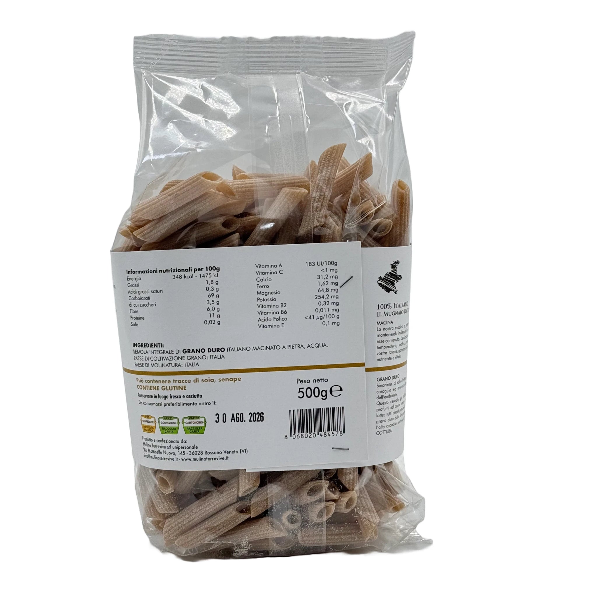 Pasta Integrale  Grano Duro Linea Oro  Penne 500g  -  Mulino Terrevive - vaigustando