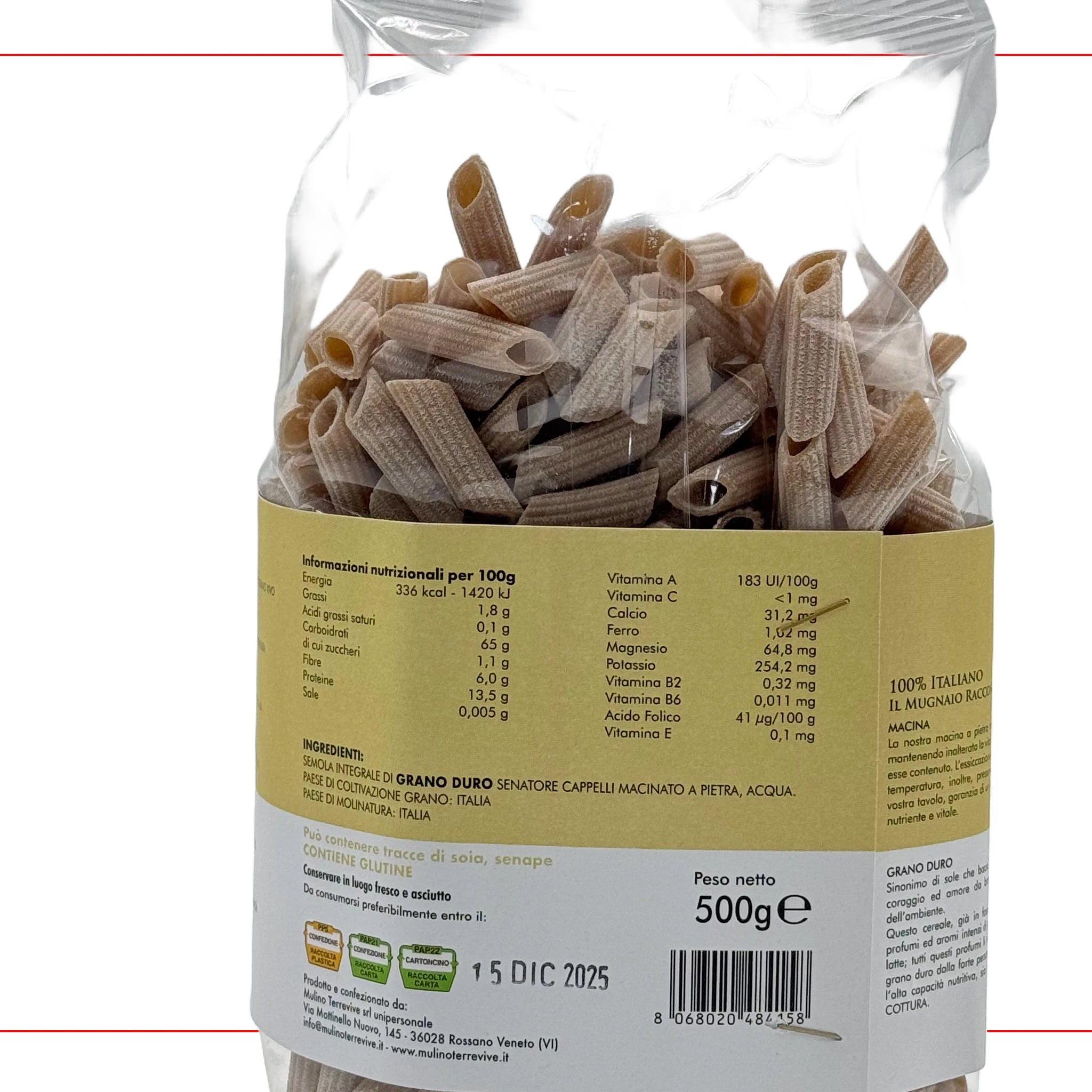 Specialità Integrale Senatore Cappelli Mezze Penne 500g  -  Mulino Terrevive - vaigustando