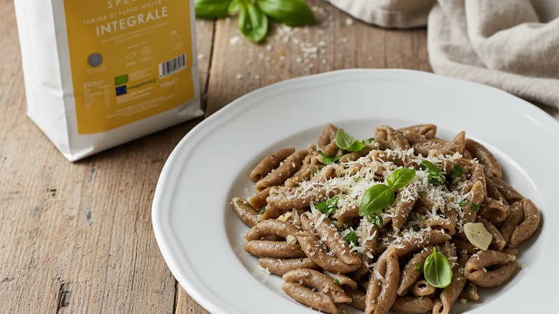 Kurze frische Pasta aus Vollkorn-Dinkel mit geriebenem Käse und Basilikum auf weißem Teller, daneben der Sack Vollkorn-Dinkelmehl