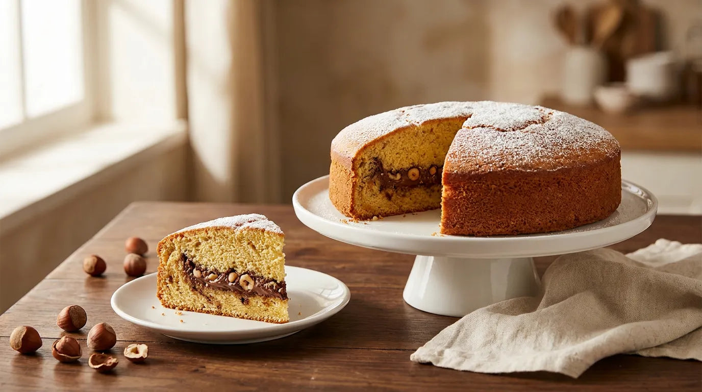 Torta soffice alla crema di nocciole su alzata bianca con una fetta nel piatto che mostra la farcitura, a lato nocciole intere e sgusciate