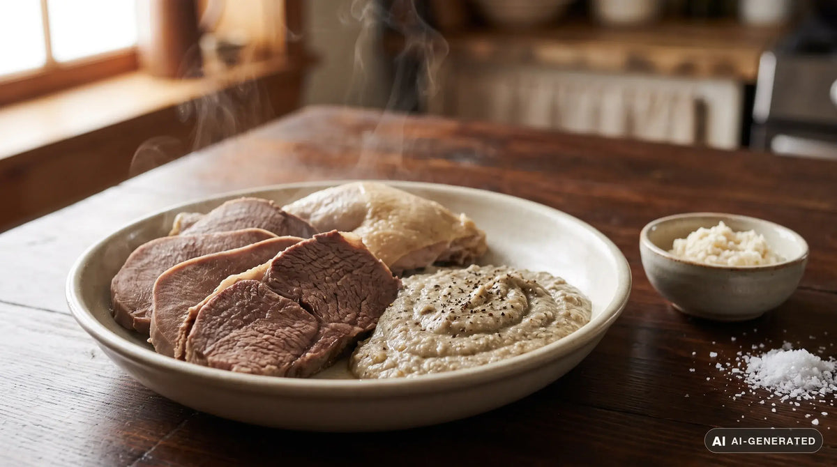 Bollito misto veronese in un piatto fondo chiaro: fette di manzo lesso, lingua e un pezzo di gallina accanto a un cucchiaio di pearà, la salsa densa di midollo e pane con il pepe nero macinato sopra, e una ciotolina di cren a fianco