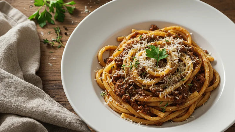 Bigoli in Fleischsauce gedreht, mit geriebenem Käse und Petersilie in einem tiefen weißen Teller, Leinenserviette daneben