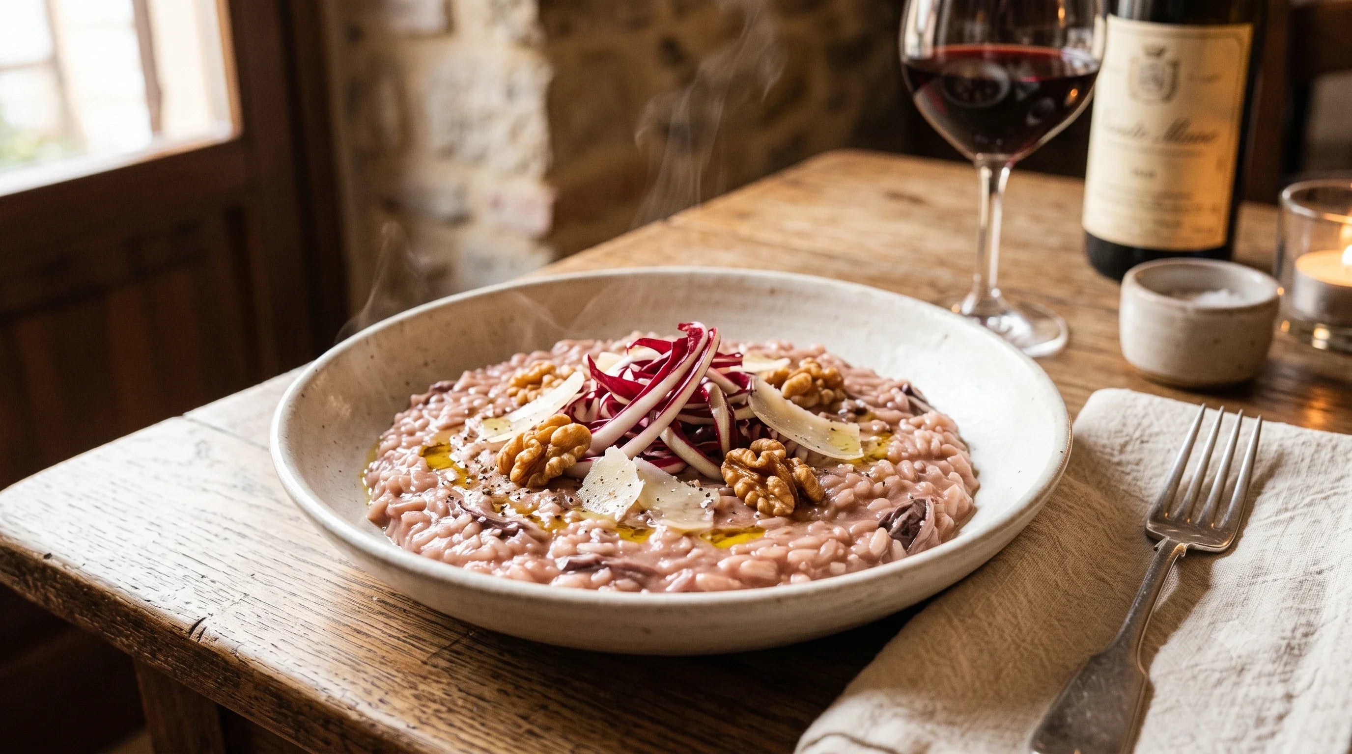 Risotto al Radicchio Rosso di Treviso fumante con noci, scaglie di formaggio e olio, dietro un bicchiere di vino rosso