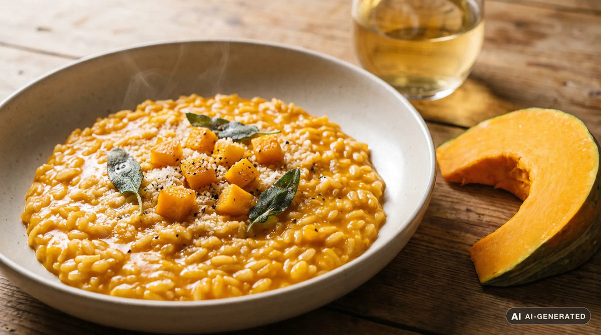 Risotto alla zucca in un piatto fondo di ceramica chiara: riso cremoso di un arancio intenso con dadini di zucca, Grana grattugiato e foglie di salvia, accanto a una fetta di zucca cruda su un tavolo di legno